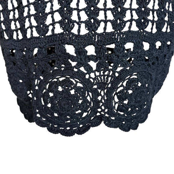 Ali Miles Black Crochet Knit Button Front Short Sleeve V Neck Top Size Large - Picture 4 of 9